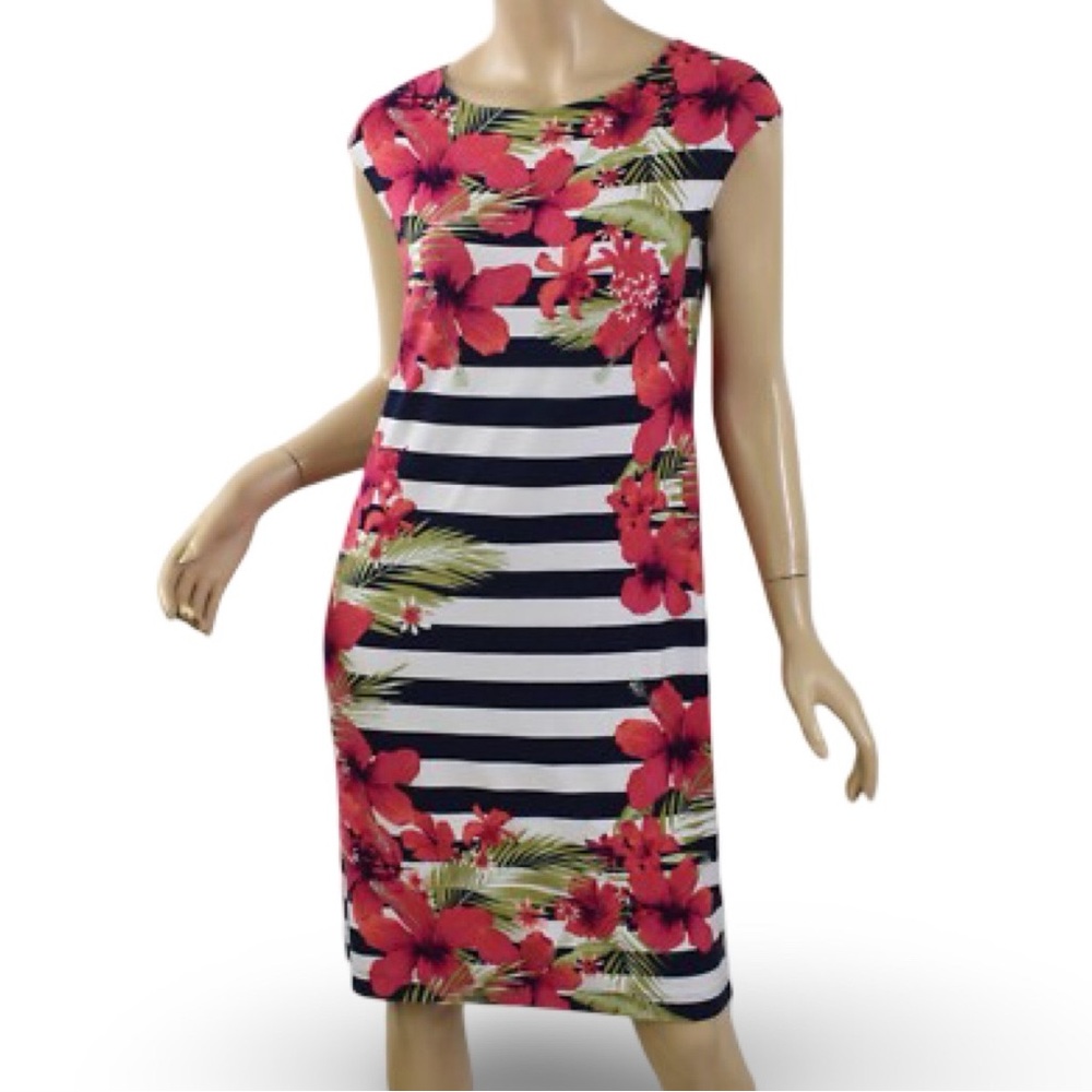 Chico's Tropical Striped Jersey‎ Knit Dress Size 1 Medium Vacation Travel Floral